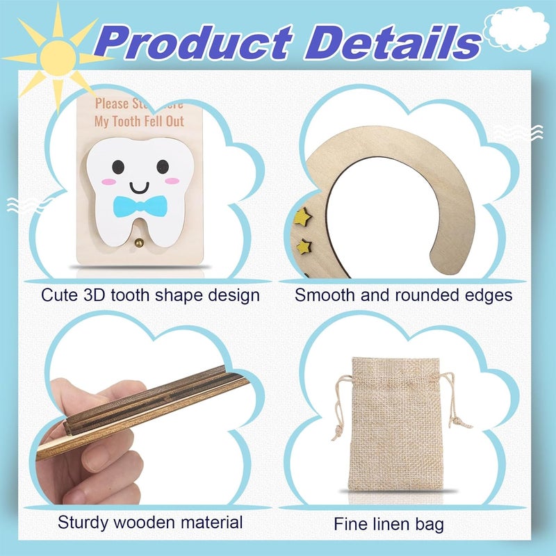 ZingFsh Tooth Fairy Tooth Holder，Tooth Fairy Door Hanger with Money Slot, Gold Coins and Cute Bags，Tooth Fairy Gifts for Girls Boys, First Milk Teeth Loss Tooth Fairy Pouch (Blue) - Image 4